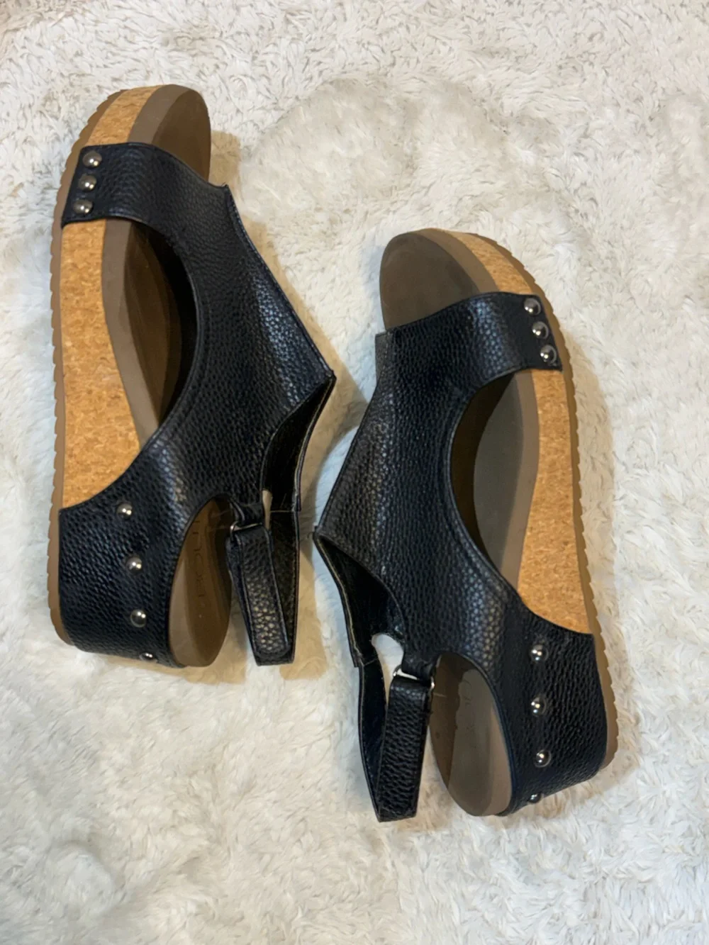 Boutique Corkys Volta wedge sandals in black size 8